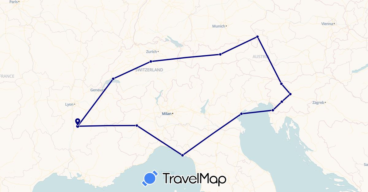 TravelMap itinerary: driving in Austria, Switzerland, France, Italy, Slovenia (Europe)